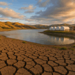 Cracked earth beside reservoir and desalination plant