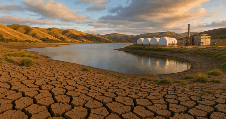 Cracked earth beside reservoir and desalination plant