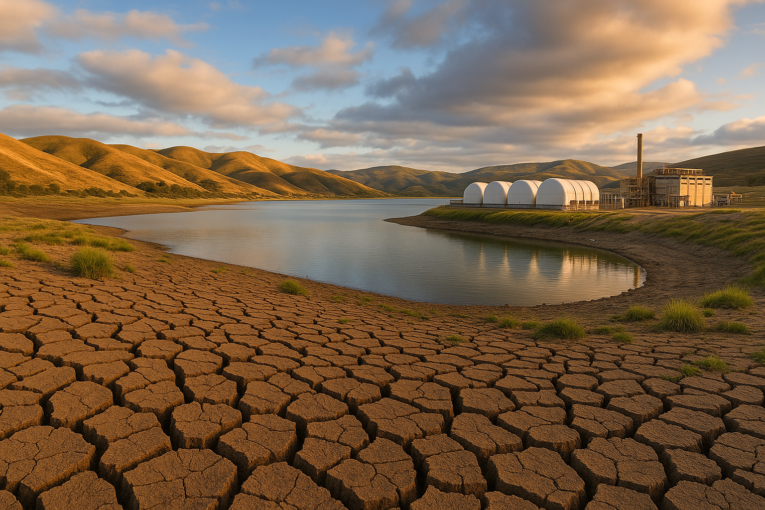Cracked earth beside reservoir and desalination plant