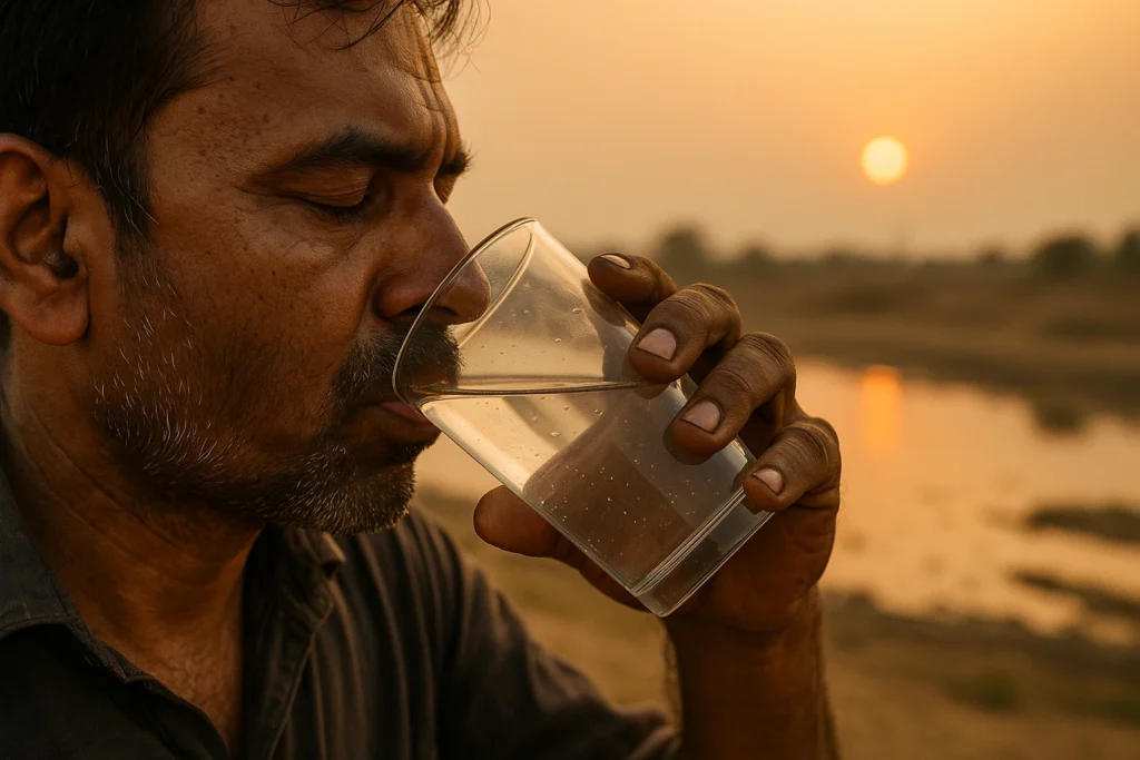 man drinking scarce water at sunset riverbed
