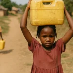 Children carrying water containers along rural dirt path overseas