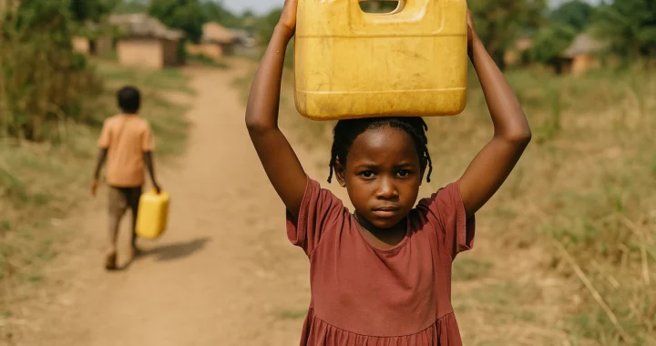 Children carrying water containers along rural dirt path overseas
