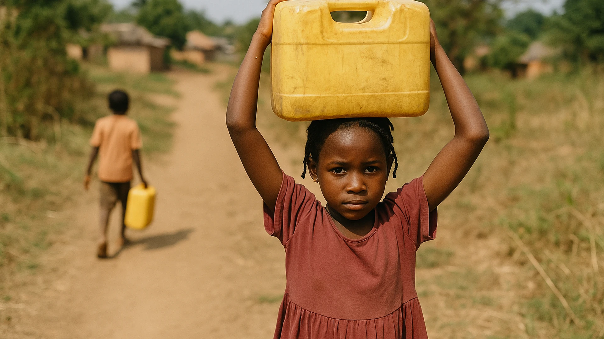 Children carrying water containers along rural dirt path overseas