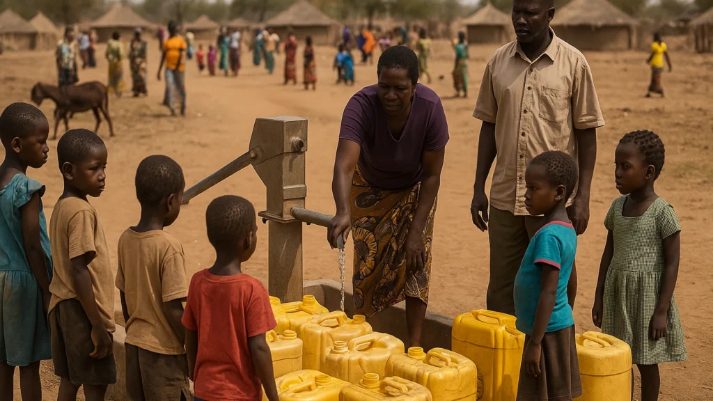 Community gathering at water pump in rural African village