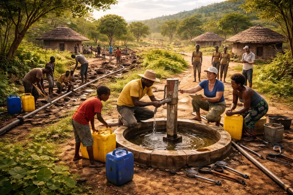 Outsiders helping the community fix the water pump